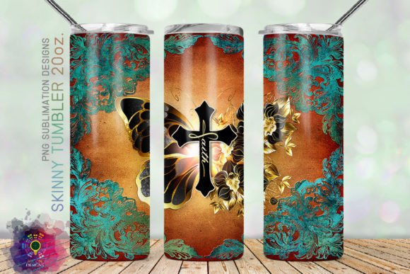 Faith Cross Gold Butterfly Tumbler PNG for Crafts